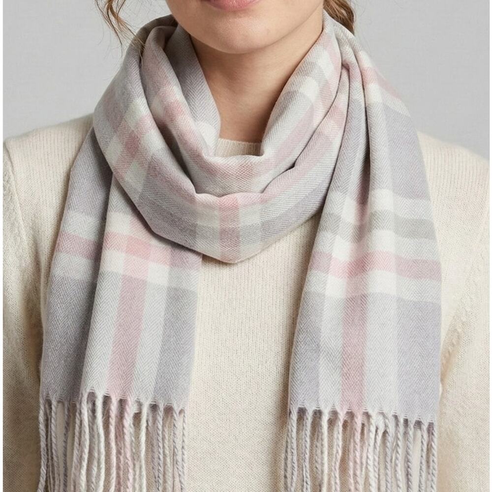 Cashmere Feel White Gray Plaid Acrylic Fringe Rectangle Scarf 12" x 66"